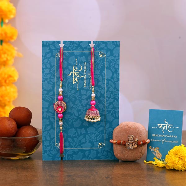 Pink Lumba Rakhi Set & Rudraksha Rakhi With Gulab Jamun
