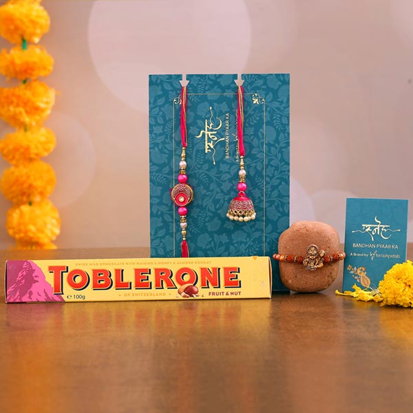 Pink Lumba Rakhi Set & Rudraksha Rakhi With Toblerone
