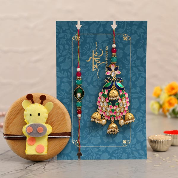 Peacock Lumba Rakhi Set & Giraffe Kids Rakhi