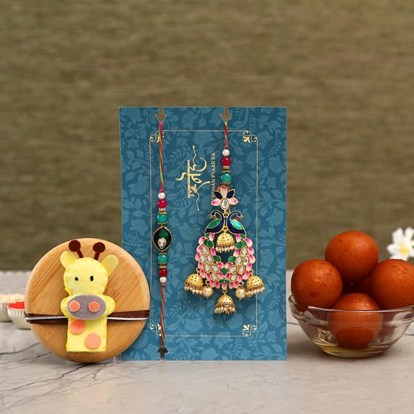 Peacock Lumba Rakhi Set & Kids Rakhi With Gulab Jamun