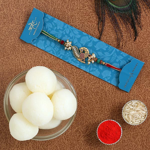 Green Peacock Designer Rakhi & Rasgulla Tin