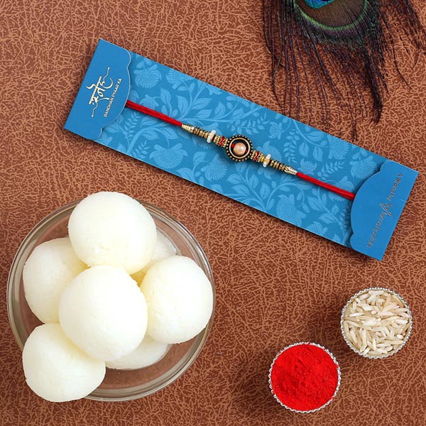 Pearl In A Circle Rakhi & Rasgulla Tin