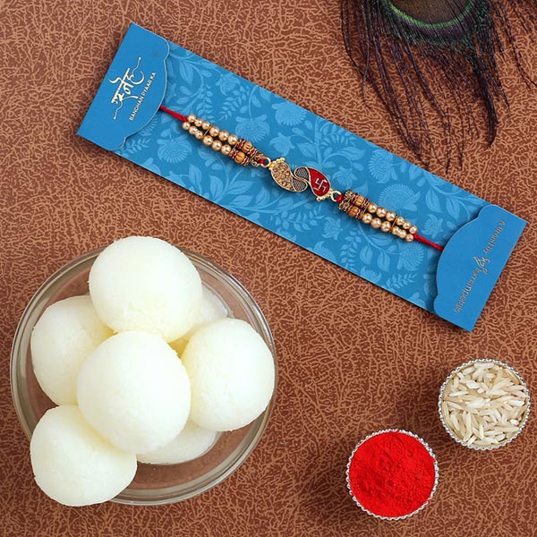 Red Peacock Designer Rakhi & Rasgulla Tin