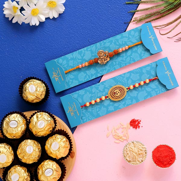 Hanuman Rudraksha & Om Rakhi With 5 Pcs Ferrero Rocher