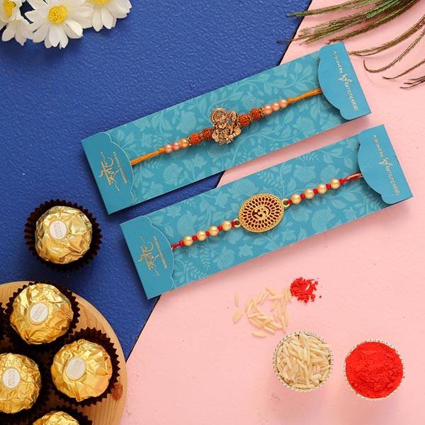 Hanuman Rudraksha & Om Rakhi With 3 Pcs Ferrero Rocher