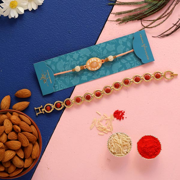 Rudraksha & Peach Stone Rakhis With Almonds