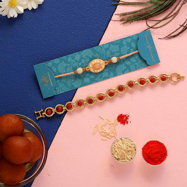 Rudraksha & Peach Stone Rakhis With Gulab Jamun
