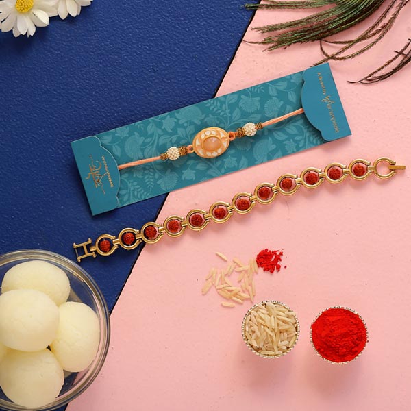 Rudraksha & Peach Stone Rakhis With Rasgulla
