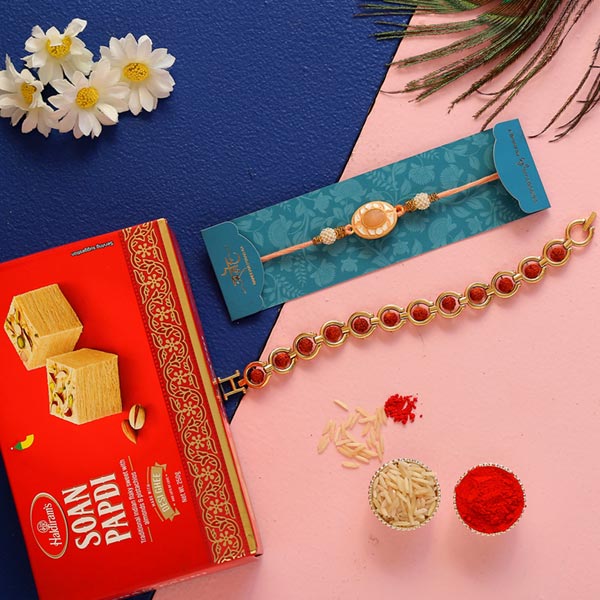 Rudraksha & Peach Stone Rakhis With Soan Papdi
