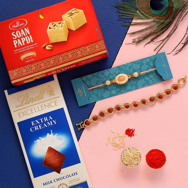 Rudraksha & Peach Stone Rakhis With Lindt Chocolate