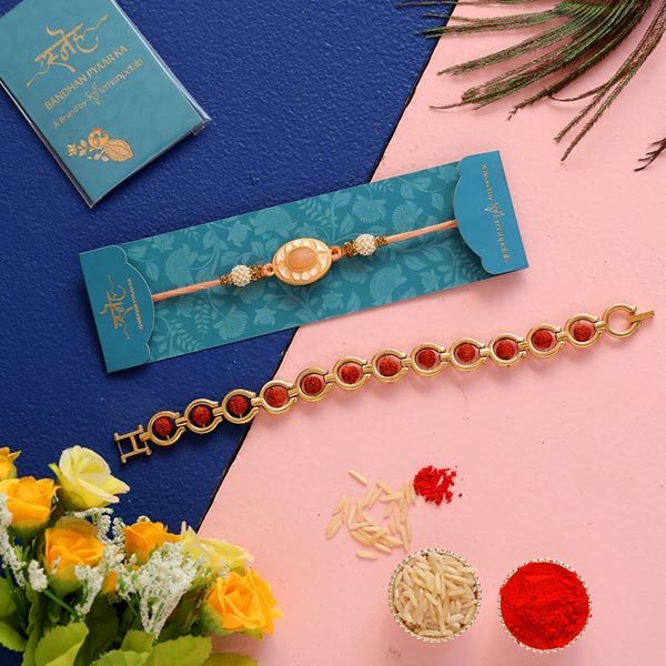 Rudraksha Bracelet Rakhi & Peach Stone Rakhi Combo