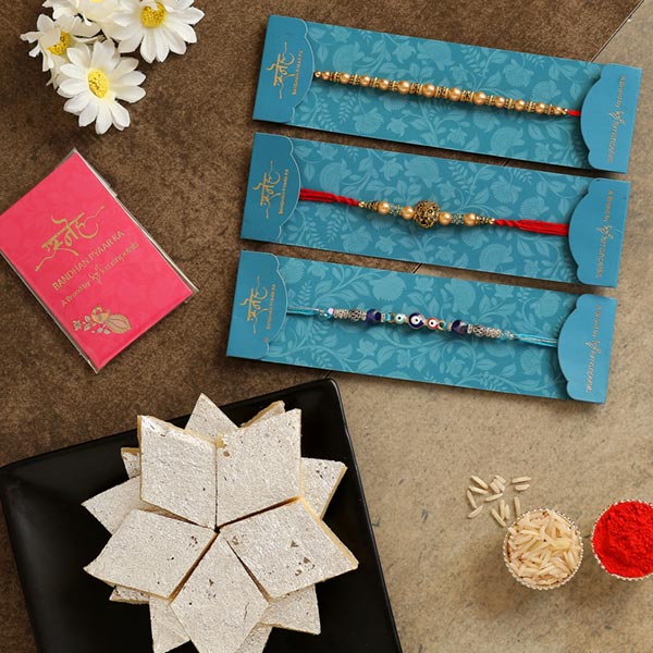 Set Of 3 Traditional Rakhis & Kaju Katli