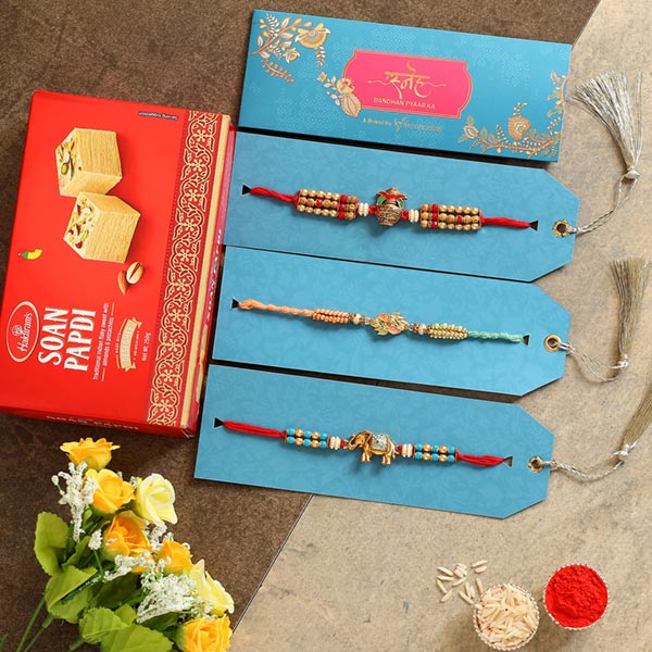 Set Of 3 Designer Rakhis & Soan Papdi