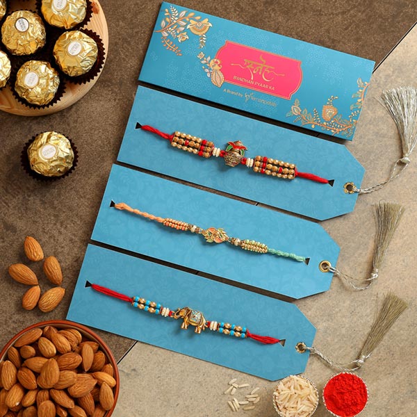 Set Of 3 Designer Rakhis & Chocolate With Almonds