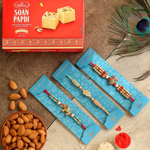 Set Of 3 Designer Rakhis & Sweets With Almonds