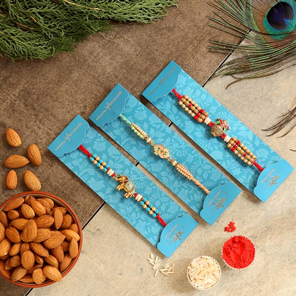 Set Of 3 Designer Rakhis & Healthy Almonds