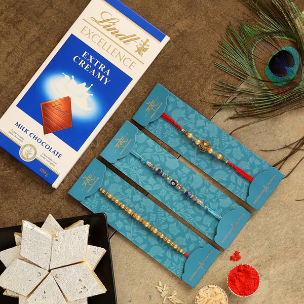 Set Of 3 Traditional Rakhis & Sweets With Chocolate