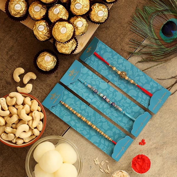 Set Of 3 Traditional Rakhis & Sweets Hamper