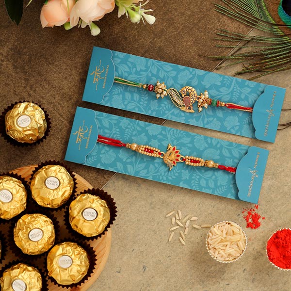 Set Of 2 Peacock Rakhis & 5 Pcs Ferrero Rocher