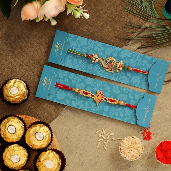 Set Of 2 Peacock Rakhis & 3 Pcs Ferrero Rocher