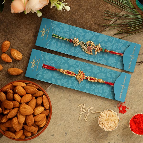 Set Of 2 Peacock Rakhis & Healthy Almonds