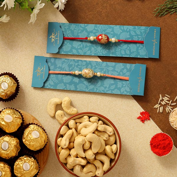 Set Of 2 Traditional Stone Rakhis & Chocolates Hamper