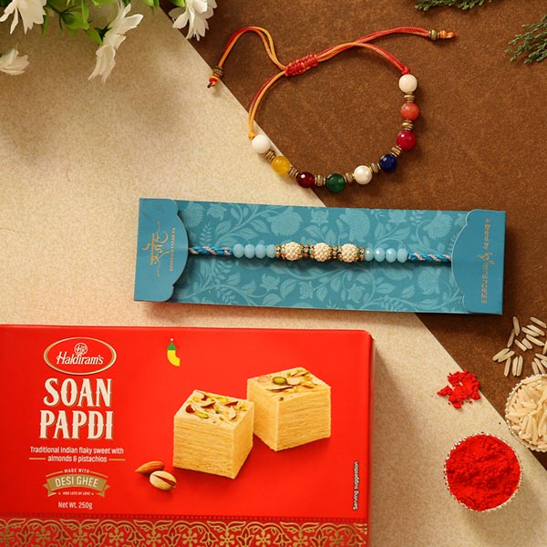 Set Of 2 Ethnic Pearl Rakhis & Soan Papdi