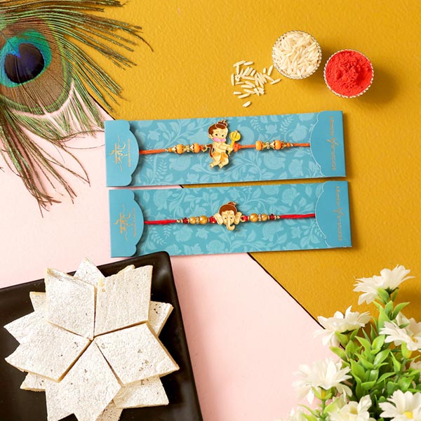 2 Devotional Kids Rakhis & Kaju Katli