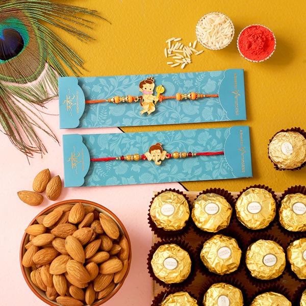 2 Devotional Kids Rakhis & Almonds Hamper