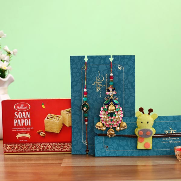 Peacock Lumba Rakhi Set & Kids Rakhi With Soan Papdi