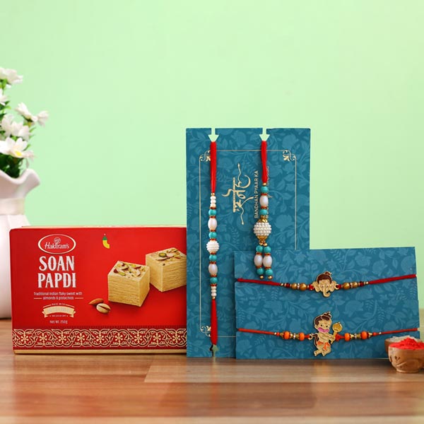 Blue Lumba Rakhi Set & Kids Rakhi With Soan Papdi