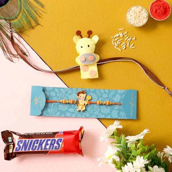 Set Of 2 Cute kids Rakhis & Snickers Chocolate Combo