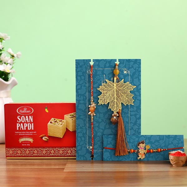 Maple Leaf Lumba Rakhi Set & Kids Rakhi With Sweets