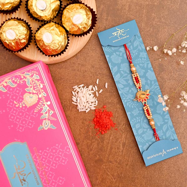Red Peacock Designer Rakhi And 3 Pcs Ferrero Rocher