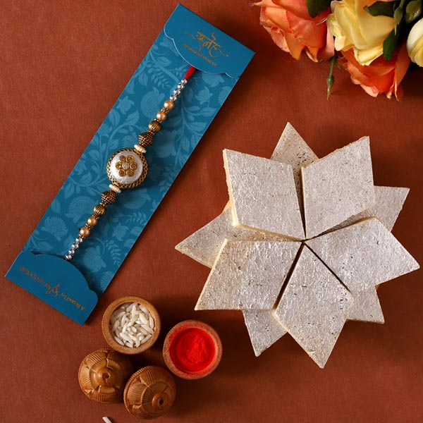 Ethnic Pearl Designer Rakhi And Kaju Katli