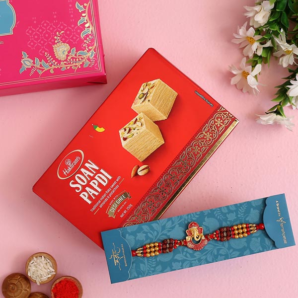 Ganesha And Rudraksha Rakhi With Soan Papdi
