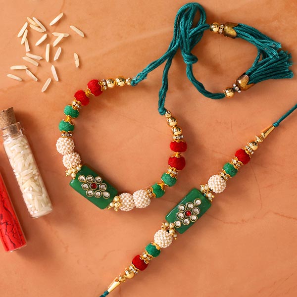 Green Pearl And Lumba Rakhi Set