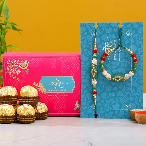 Green Pearl And Lumba Rakhi Set With 3 Pcs Ferrero Rocher