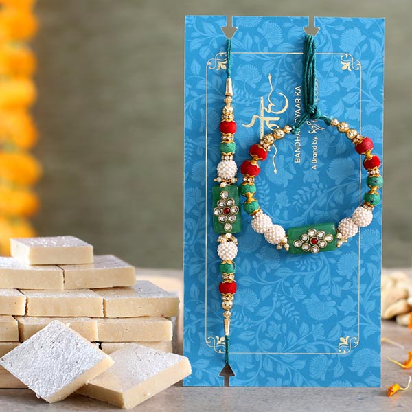 Green Pearl And Lumba Rakhi Set With Kaju Katli