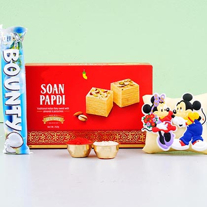 Mickey Mouse Rakhi With Soan Papdi Sweet