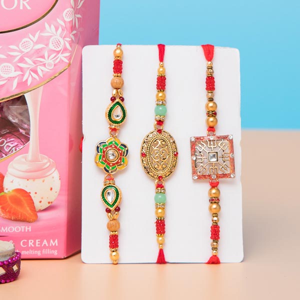 Three Beaded Rakhi with Lindt Strawberries Chocolates For UK