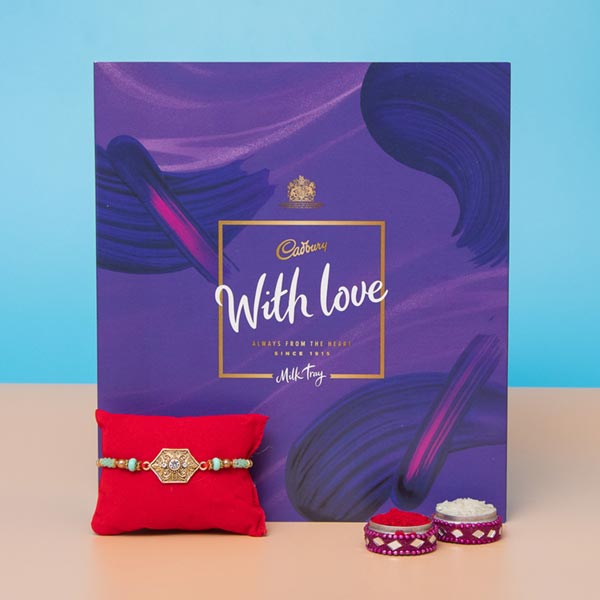 Diamond on Metal Designer Rakhi with Cadbury Milk Tray Chocolate For UK