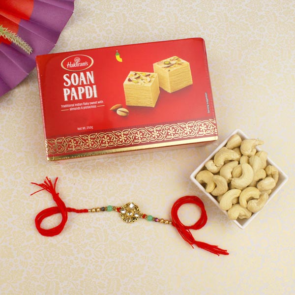 Kundan Diamond Rakhi with Sweet & Cashew Nuts For UK