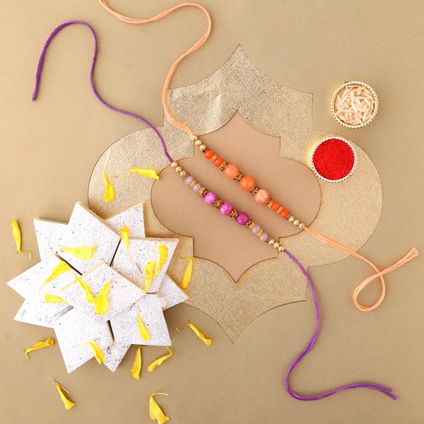 Sneh Peachy Rakhi Set with 500 Grams Kaju Katli