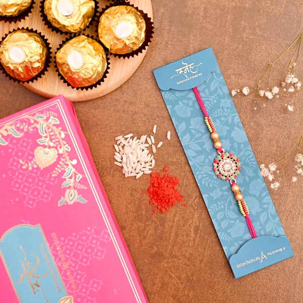 American Diamond Floral Rakhi And 3 Pcs Ferrero Rocher