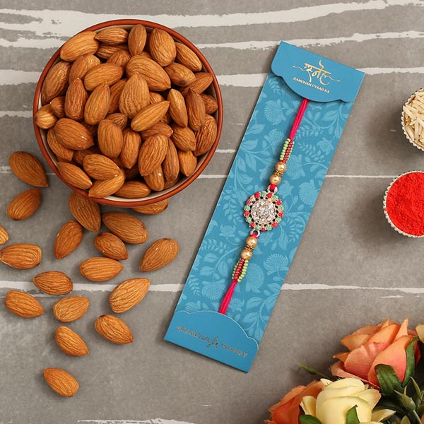 American Diamond Floral Rakhi And Healthy Almonds