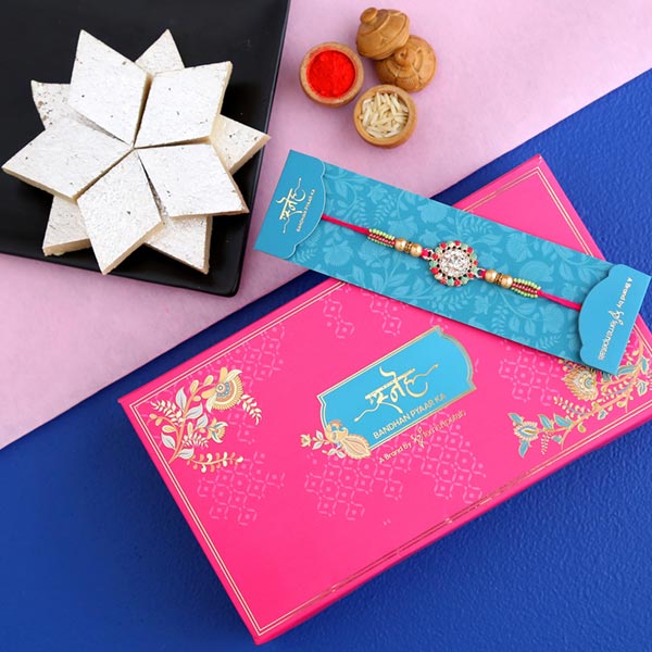 American Diamond Floral Rakhi And Kaju Katli-Dubai