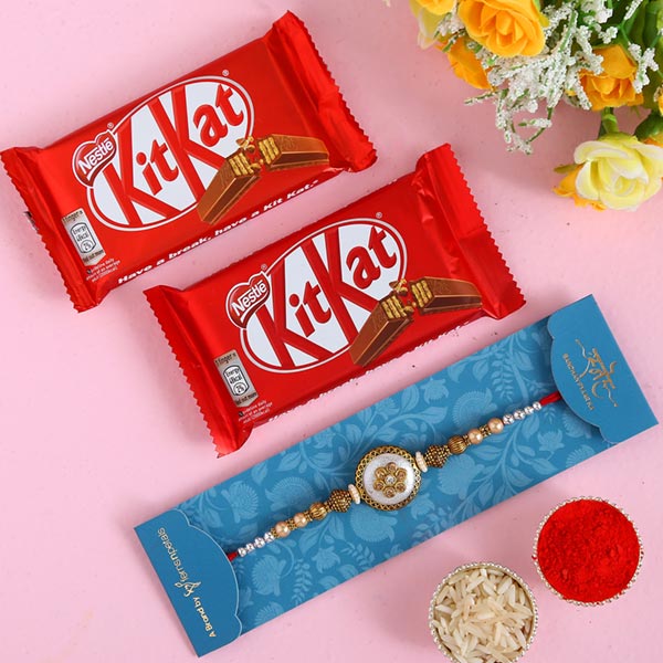 Ethnic Pearl Designer Rakhi And 2 Pcs Of Kitkat