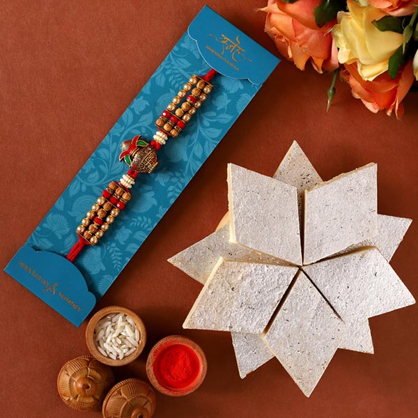 Auspicious Kalash Rudraksha Rakhi And Kaju Katli