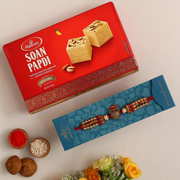 Auspicious Kalash Rudraksha Rakhi And Soan Papdi